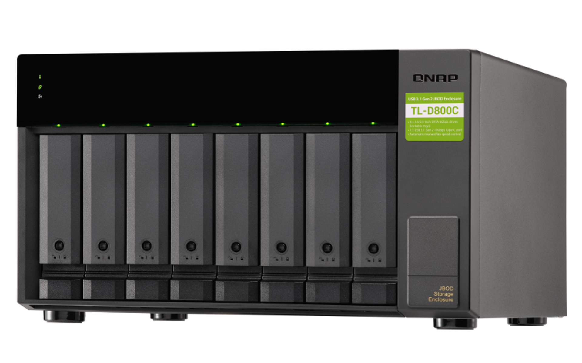 QNAP TL-D800C Gehäuse, schwarz, mit 8 Laufwerksschächten und grünen LEDs. Weißer Hintergrund.