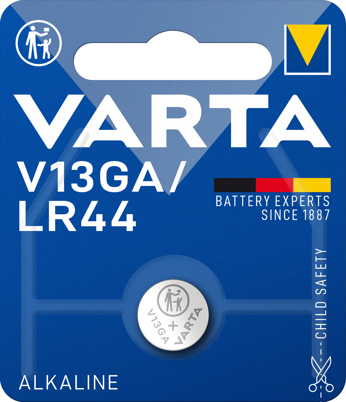 Blue and white Varta battery packaging with text and logo.
