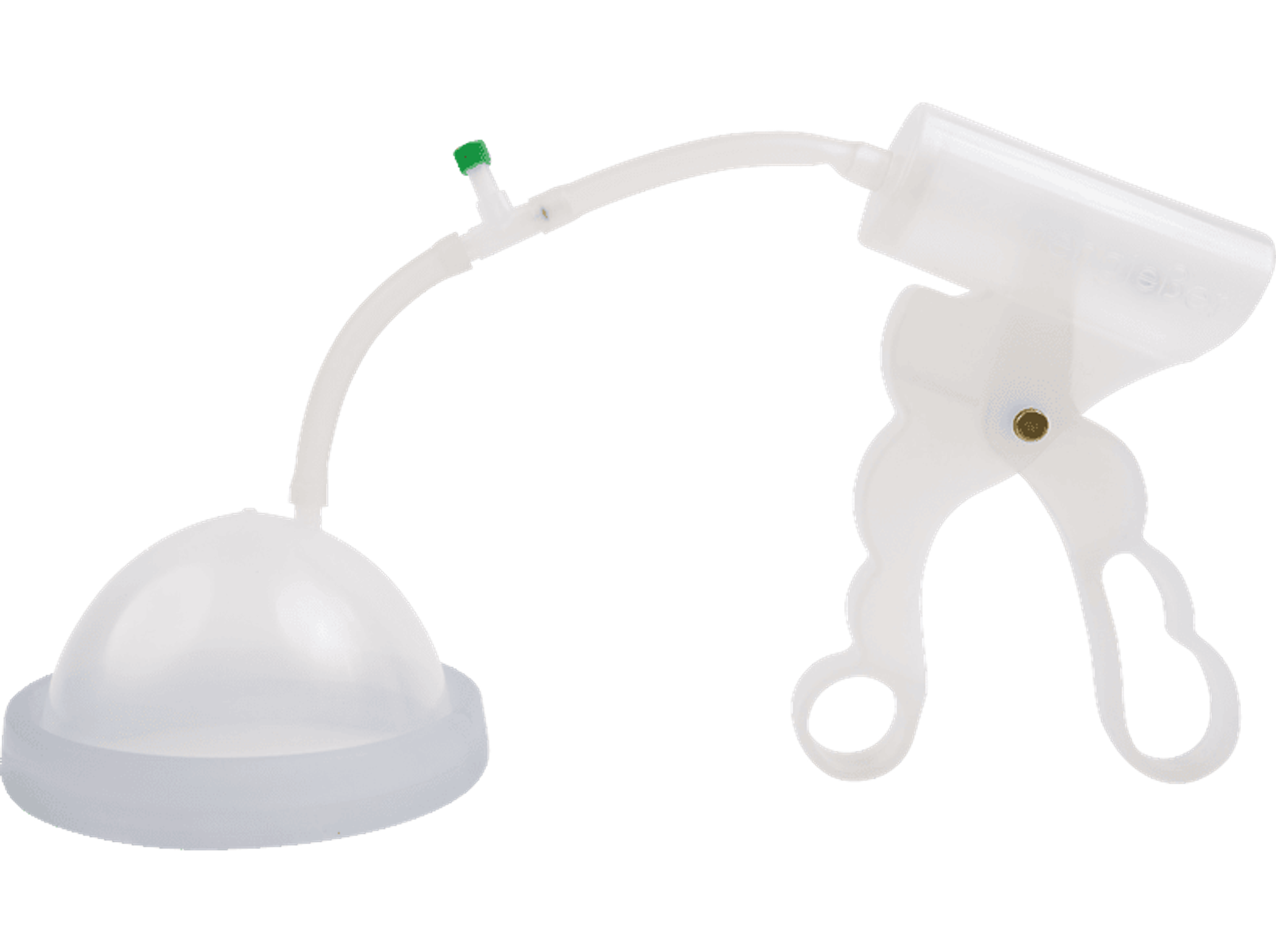 Weiße Brustpumpe mit einem Ballon und einem gebogenen Schlauch. Weißer Hintergrund.