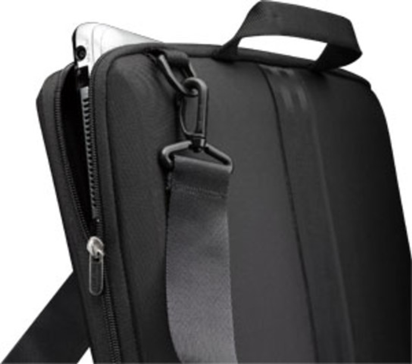 Black laptop bag with a shoulder strap and a zipper.