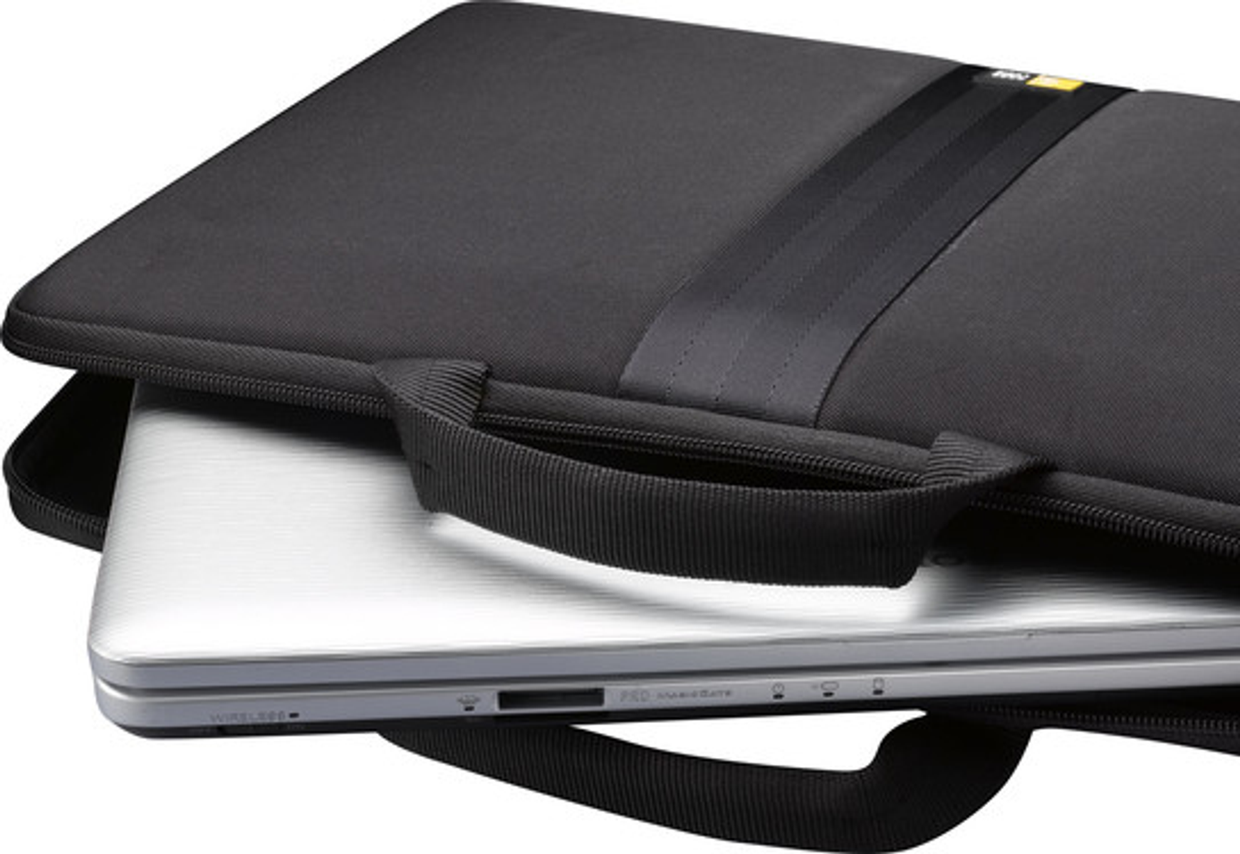 A black laptop inside a black carrying case with a handle.