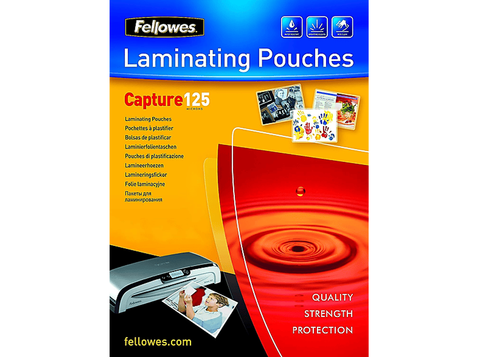 Fellowes Laminierfolien-Verpackung. Enthält Laminierfolien, Laminiergerät und Produktdetails.