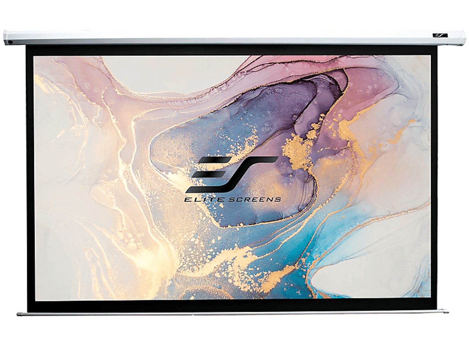 Elite Screens Projektorleinwand, weiße Leinwand mit farbenfrohem Design und silbernem Gehäuse.