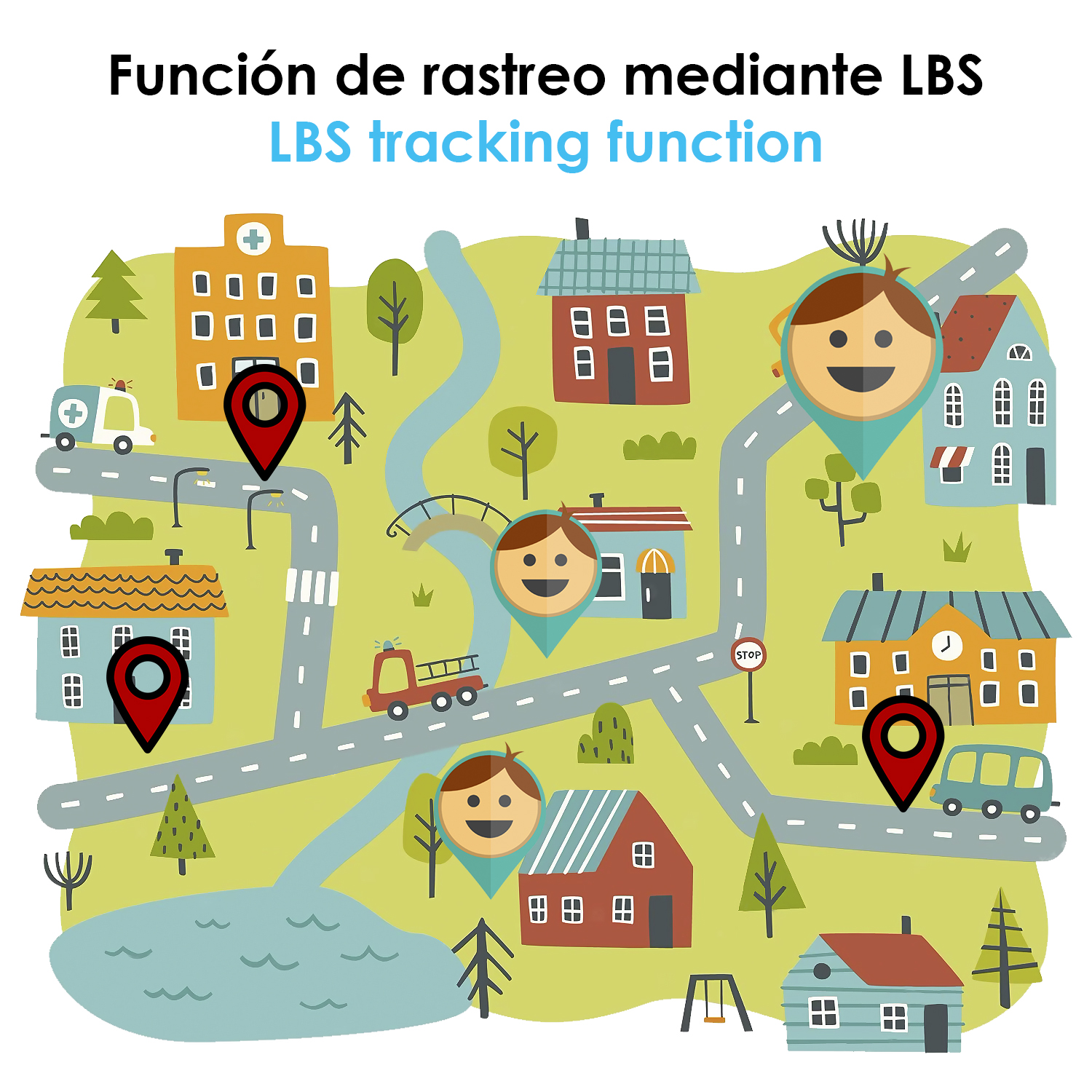 Mapa de dibujos animados con casas, árboles e iconos de personas, marcados con pines de ubicación rojos y un título LBS.