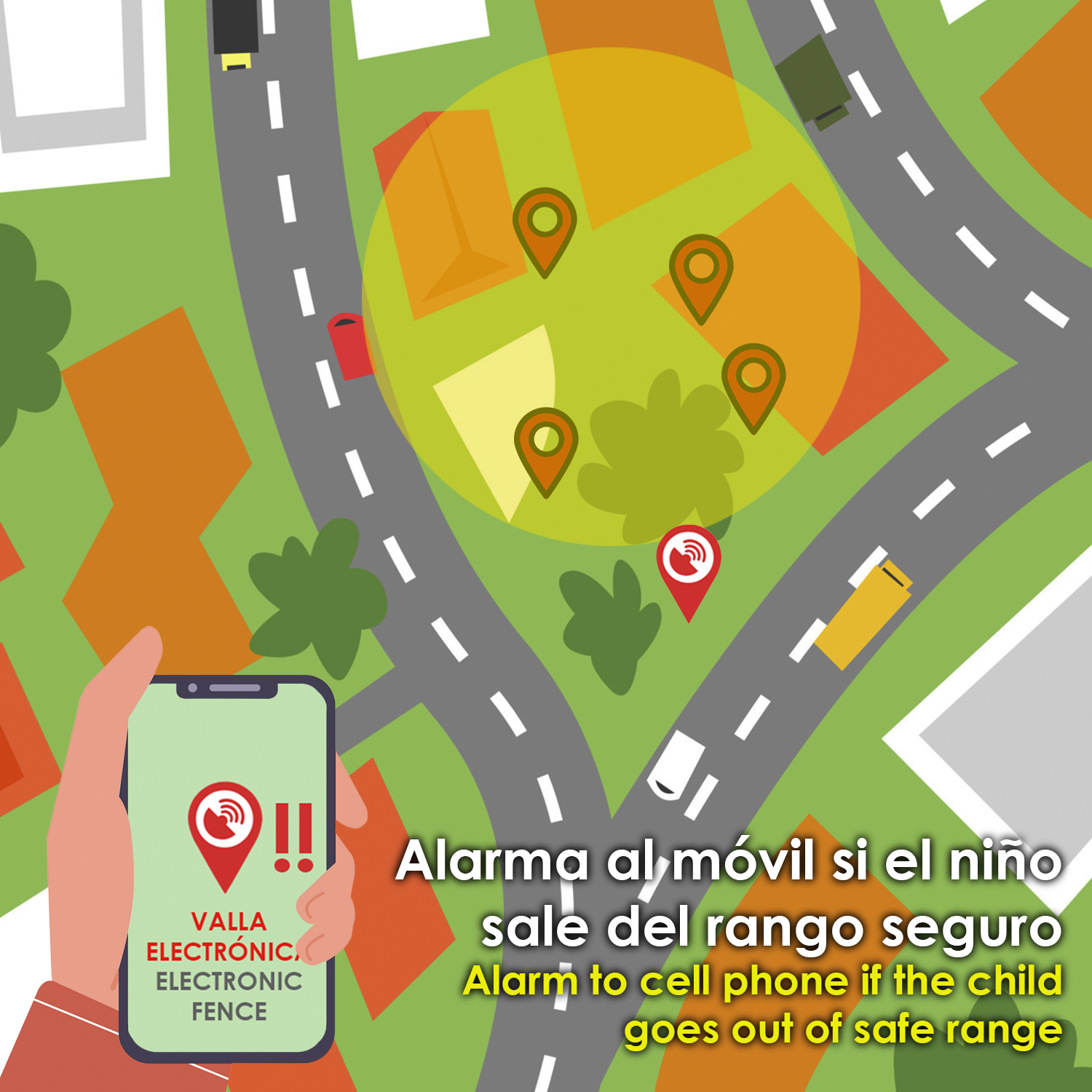 Un mapa con coches y pines de ubicación. Una mano sostiene un teléfono con el texto: "Alarma al móvil si el niño sale del rango seguro".