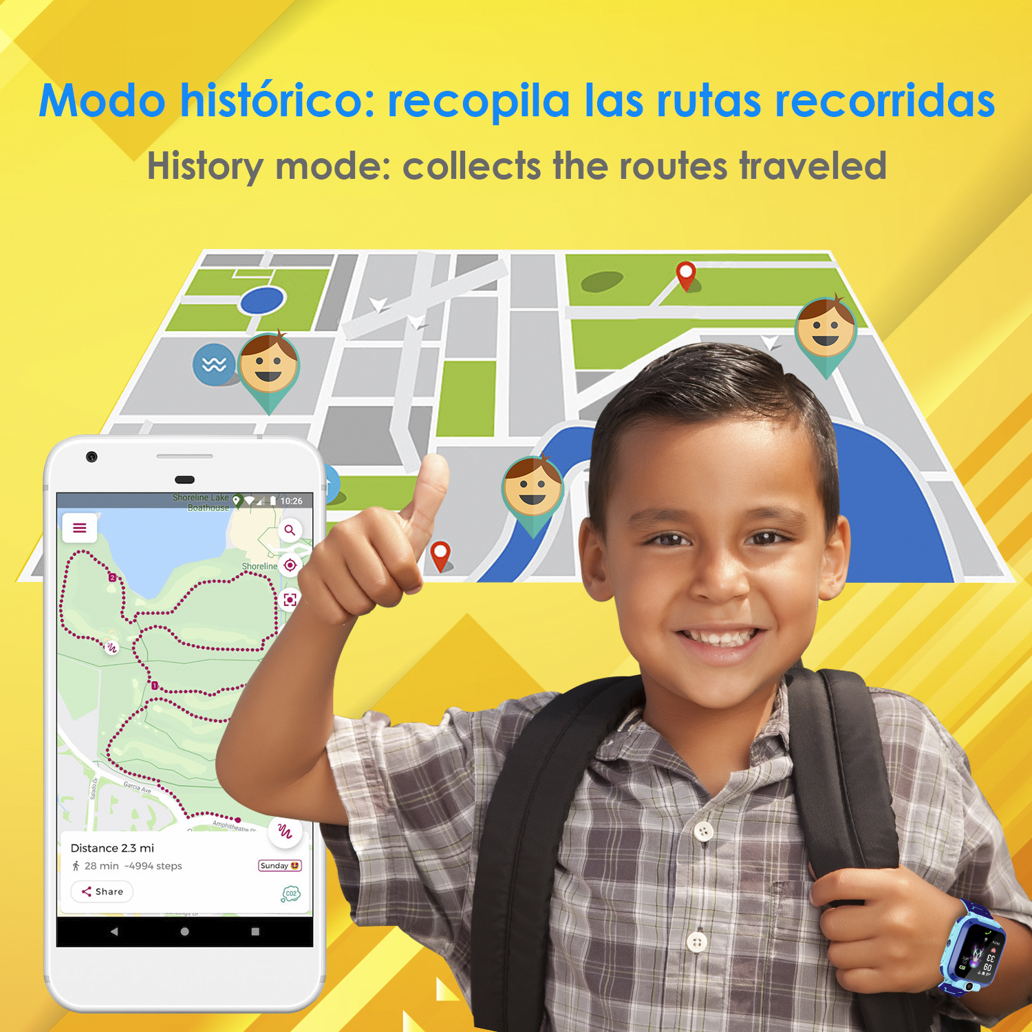 Niño con reloj, mapa y teléfono mostrando ruta. Pulgar arriba con fondo amarillo.