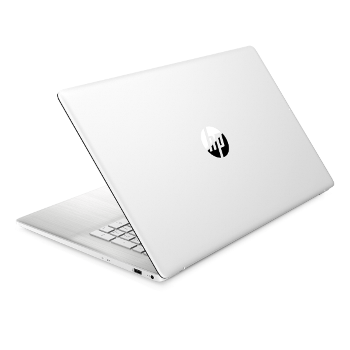 Ein weißer Laptop mit schwarzem HP-Logo auf weißem Hintergrund.