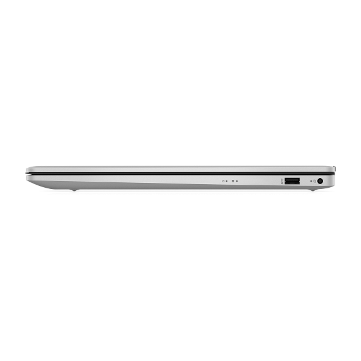 Seitenansicht eines silbernen Laptops auf weißem Hintergrund, zeigt Anschlüsse.