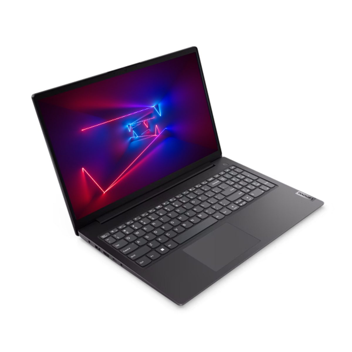 Schwarzer Lenovo-Laptop, der eine Neon-Grafik auf dem Bildschirm zeigt. Er ist geöffnet.