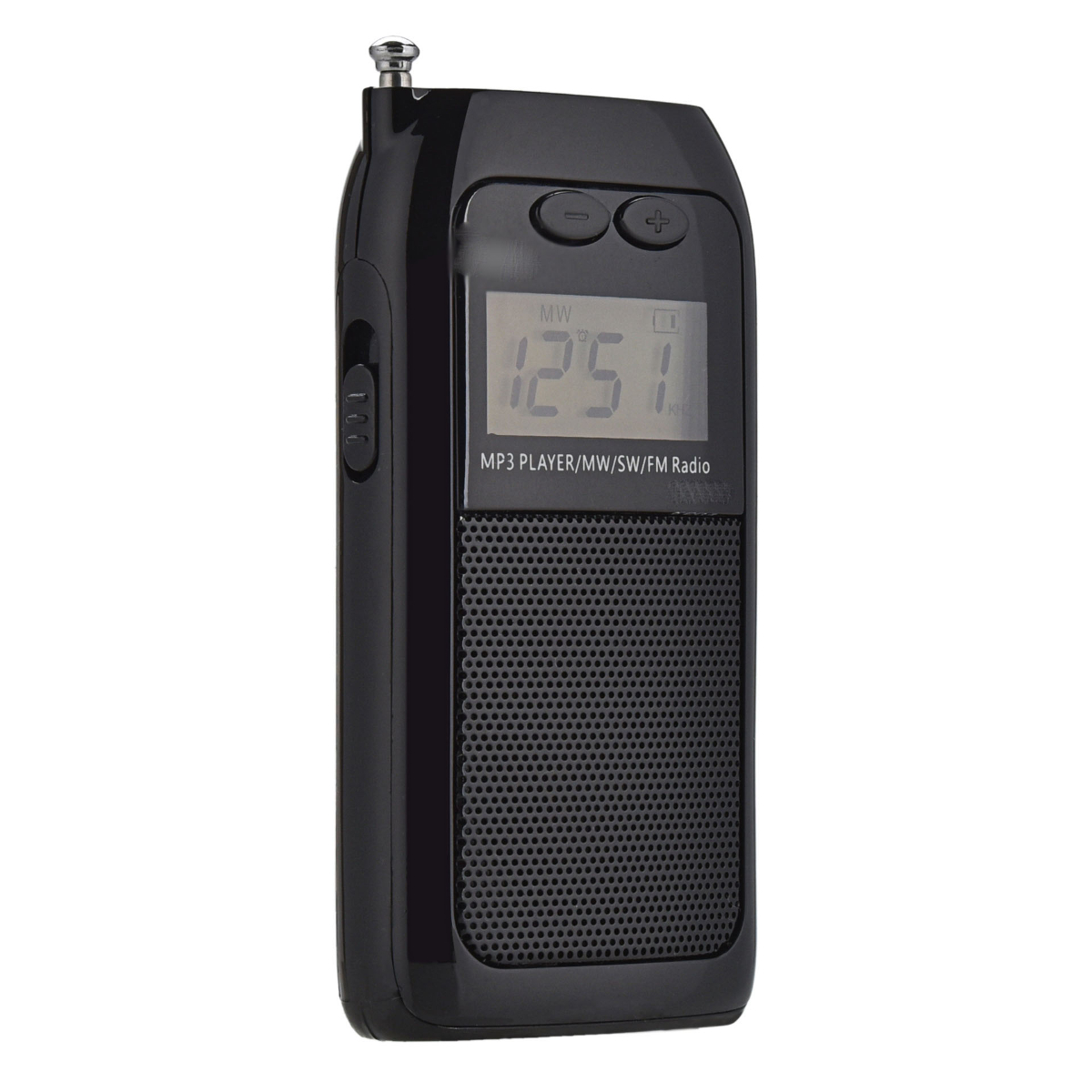 Schwarzes MP3-Radio, das Ziffern anzeigt, mit Lautsprecher und Antenne, vor weißem Hintergrund.