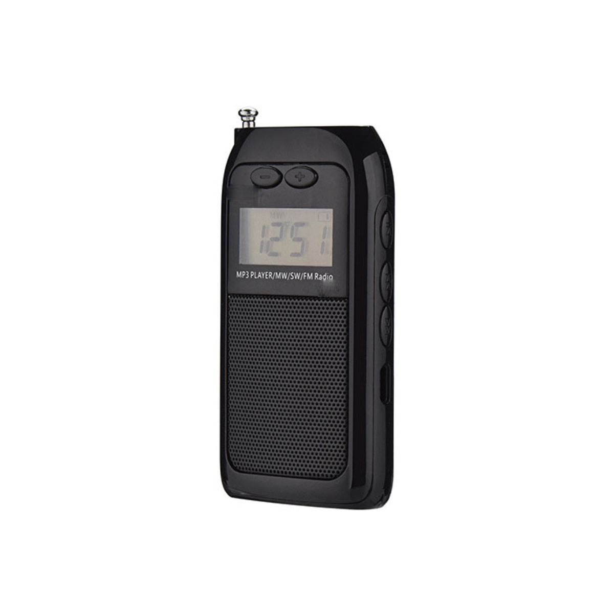 Kleiner schwarzer tragbarer MP3-Player/MW/SW/FM-Radio mit Tasten und Display.