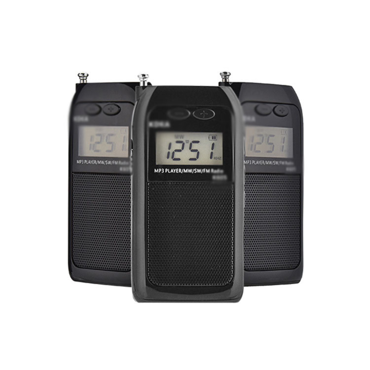 Drei schwarze MP3-Player-Radios. Jedes zeigt eine Digitalanzeige von 1251.