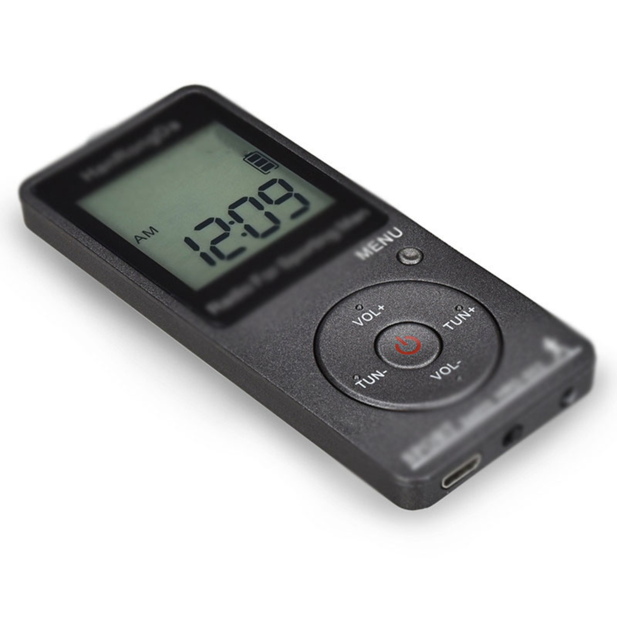 Schwarzes Digitalradio mit Anzeige der Uhrzeit und Tasten für Lautstärke und Senderwahl.