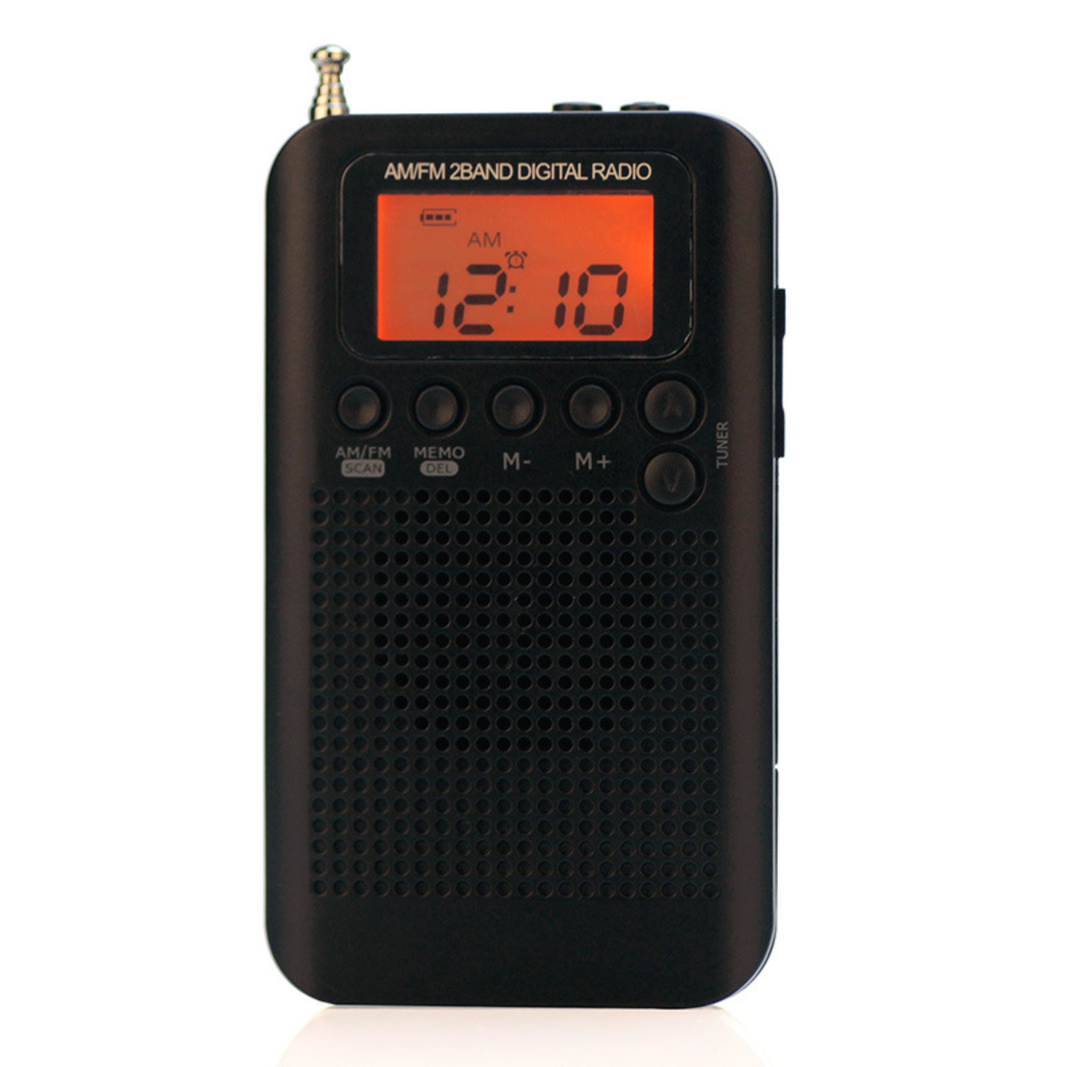 Ein schwarzes Digitalradio mit orangefarbenem Display und Knöpfen.