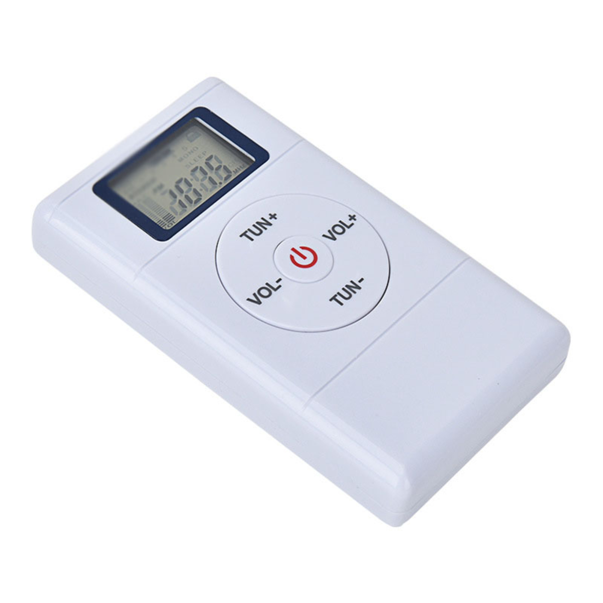 Weißes Digitalradio mit Knöpfen und Display auf weißem Hintergrund.