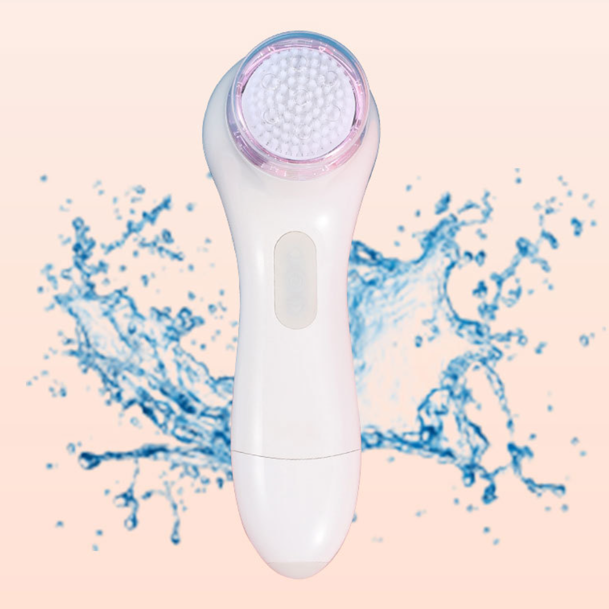 Weiße Gesichtsreinigungsbürste mit rosa eingefasstem Bürstenkopf, mit Wasserspritzer-Effekt im Hintergrund.