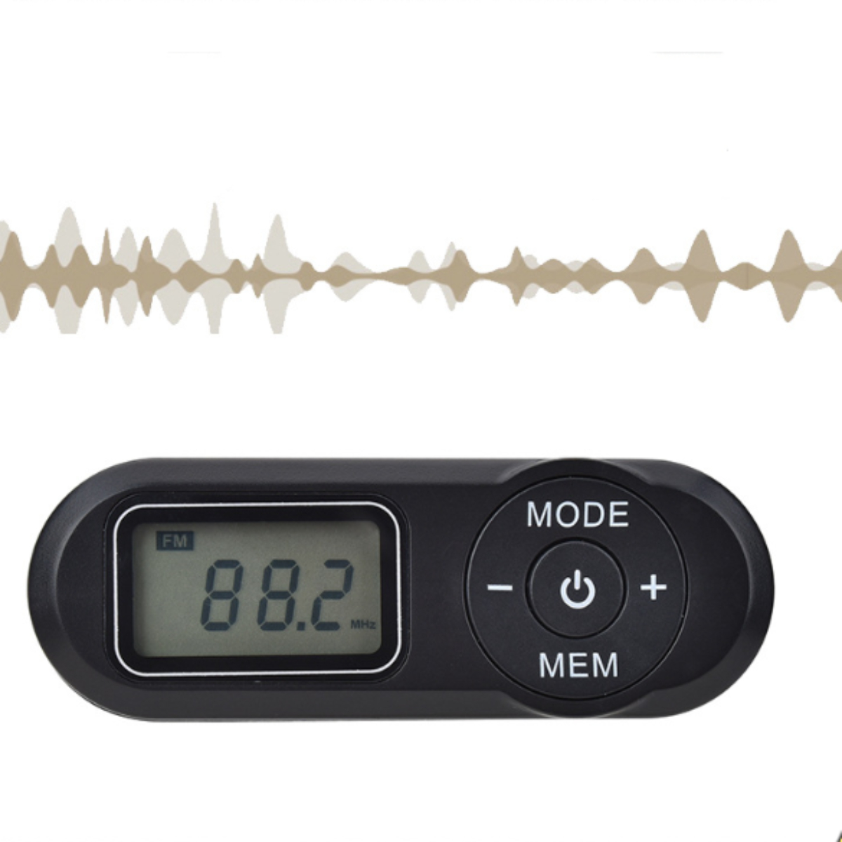 Schwarzes Radio mit Display, 88,2 MHz. Tasten für Modus, Lautstärke und Speicher.