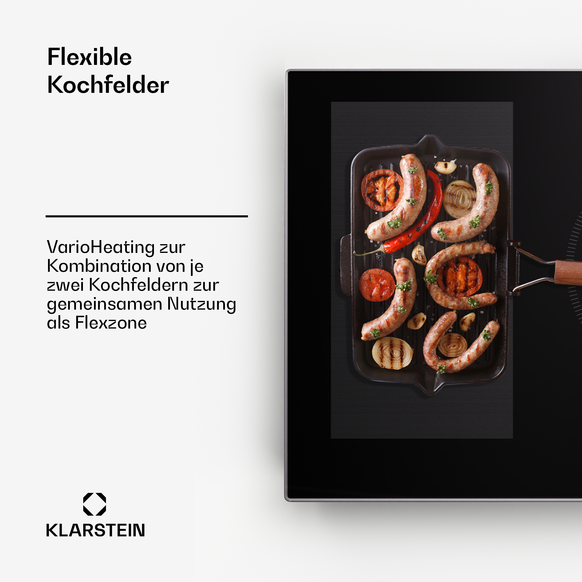 Würstchen, Tomaten und Zwiebeln werden auf einer schwarzen, rechteckigen Kochfläche gegrillt.