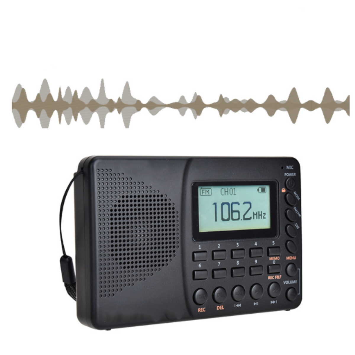 Ein schwarzes Radio mit Bildschirm und Knöpfen, darüber Schallwellen.