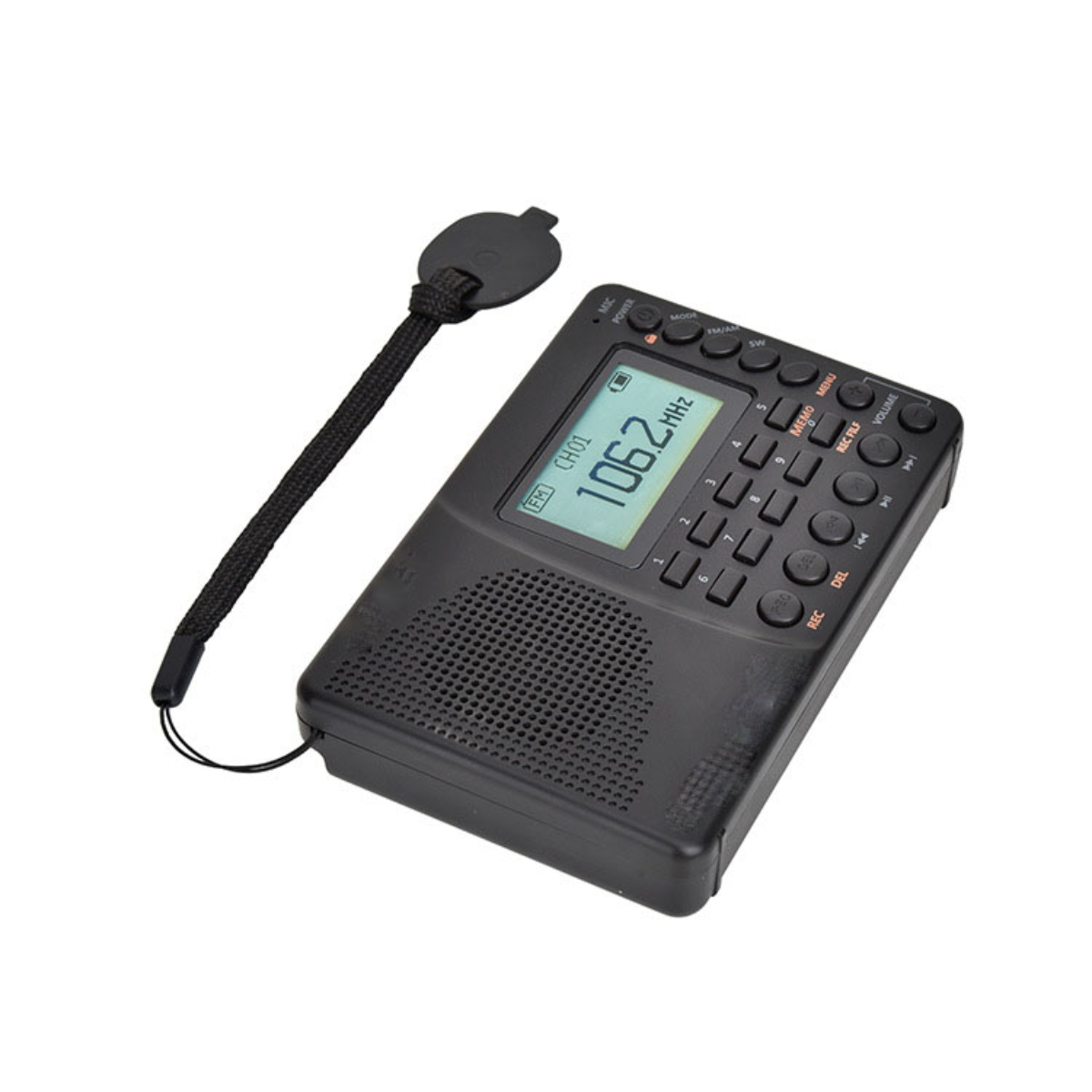Ein schwarzes Radio mit Knöpfen und einem Display, das 106,2 MHz anzeigt, mit einem Riemen.