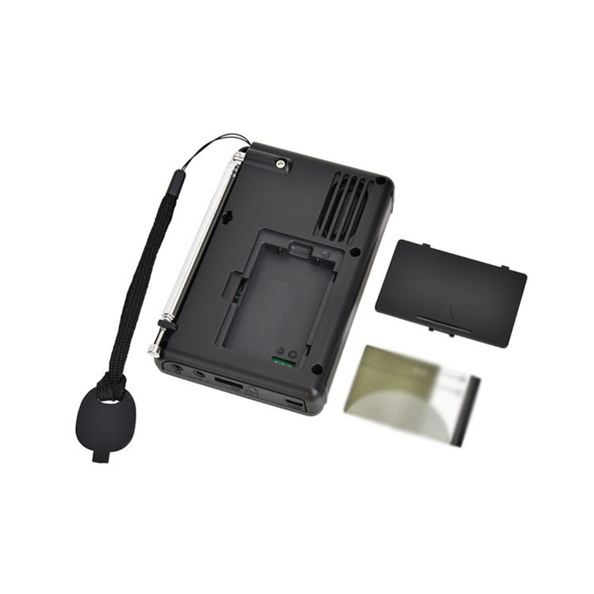 Ein schwarzes tragbares Radio mit abgenommenem Batteriedeckel und Handschlaufe.