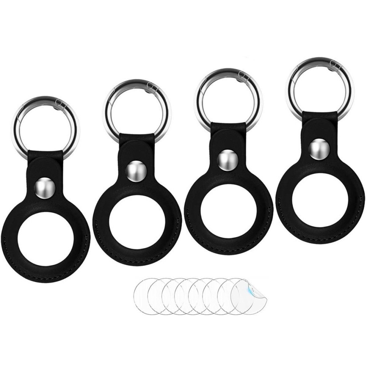 Set aus vier schwarzen AirTag-Schlüsselanhängern mit silbernen Ringen und Schutzfolien.