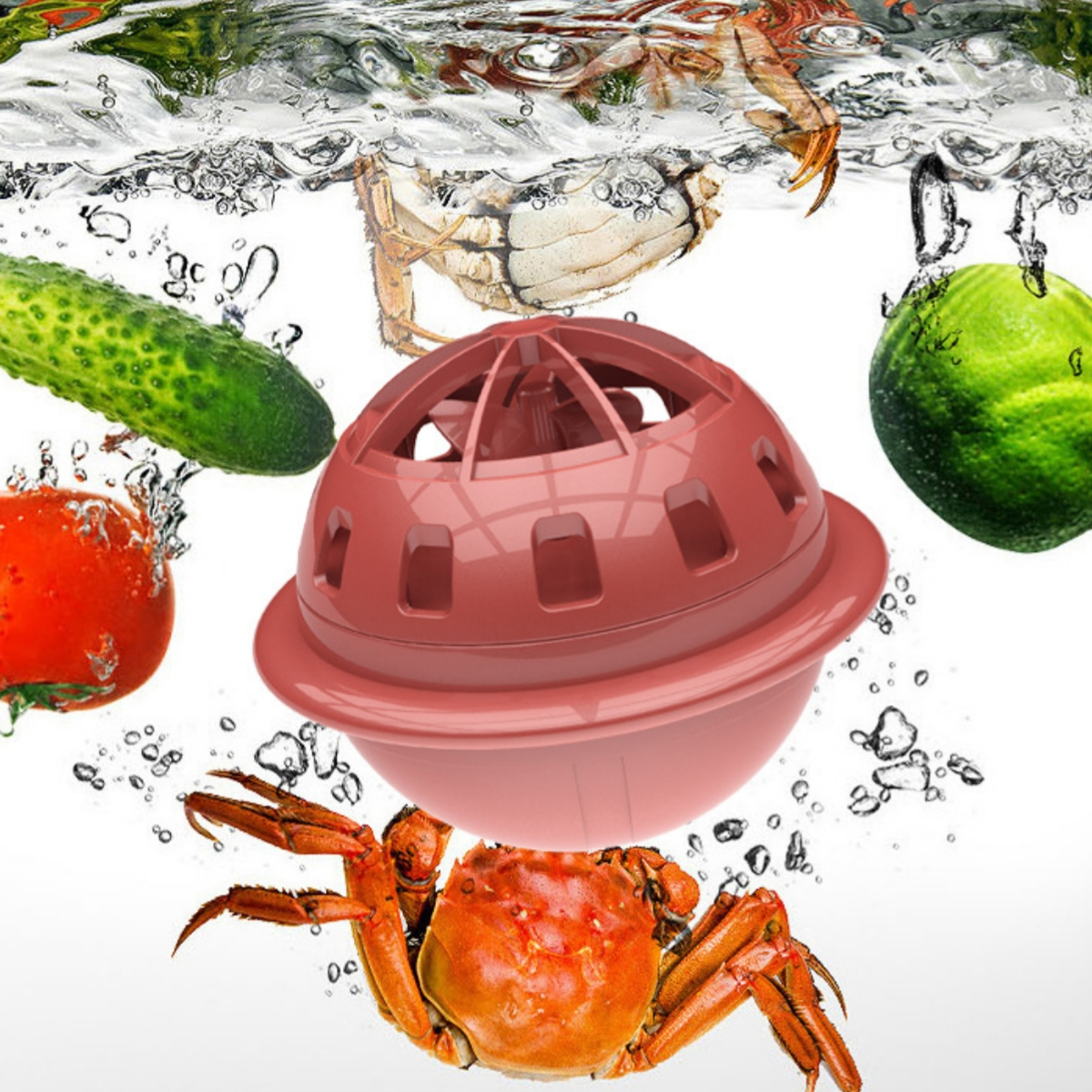 Krabben, Gurken und Tomaten in Wasser mit einem roten Reinigungsgerät.