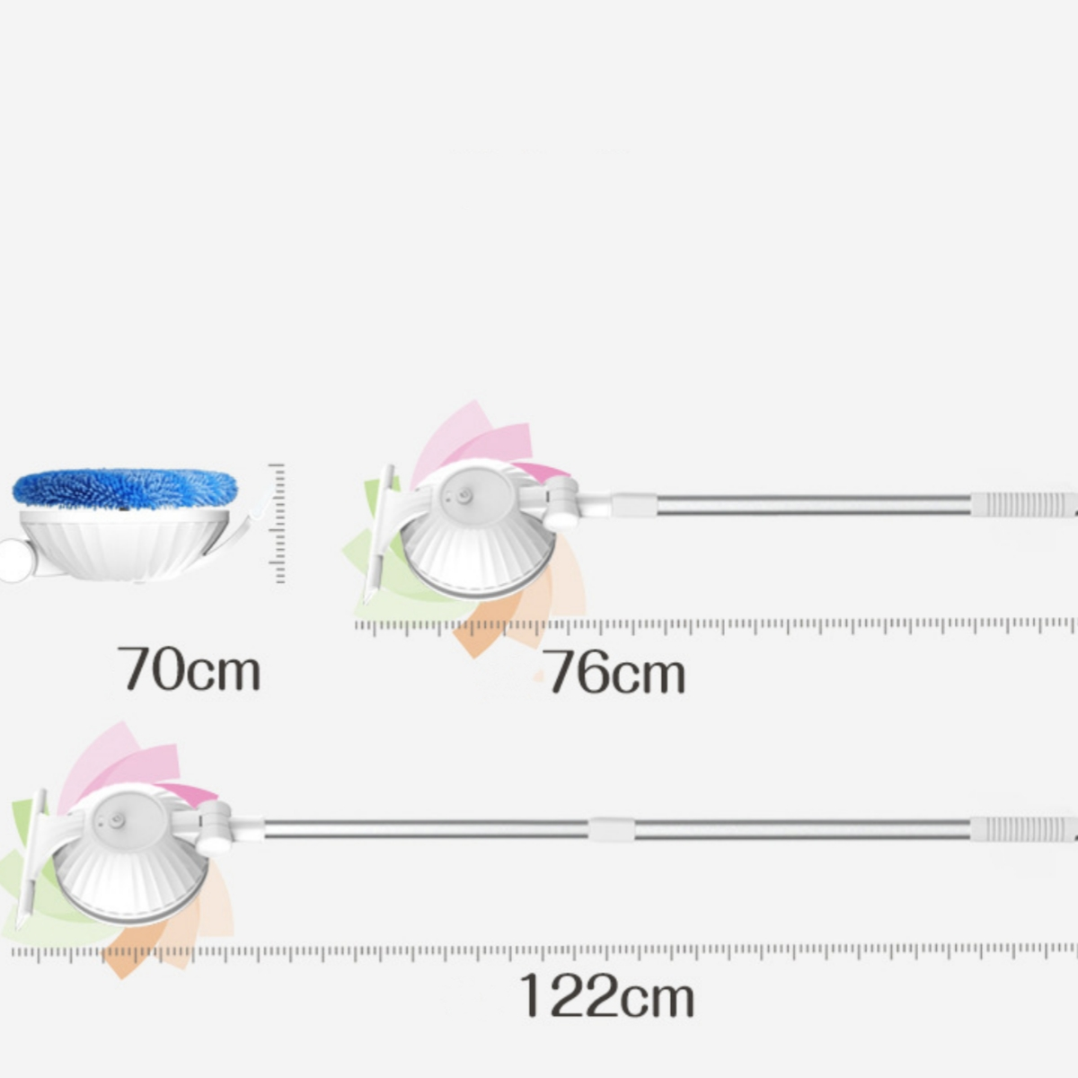 Bild zeigt einen weißen Bodenwischer mit den Maßen 70cm, 76cm und 122cm.