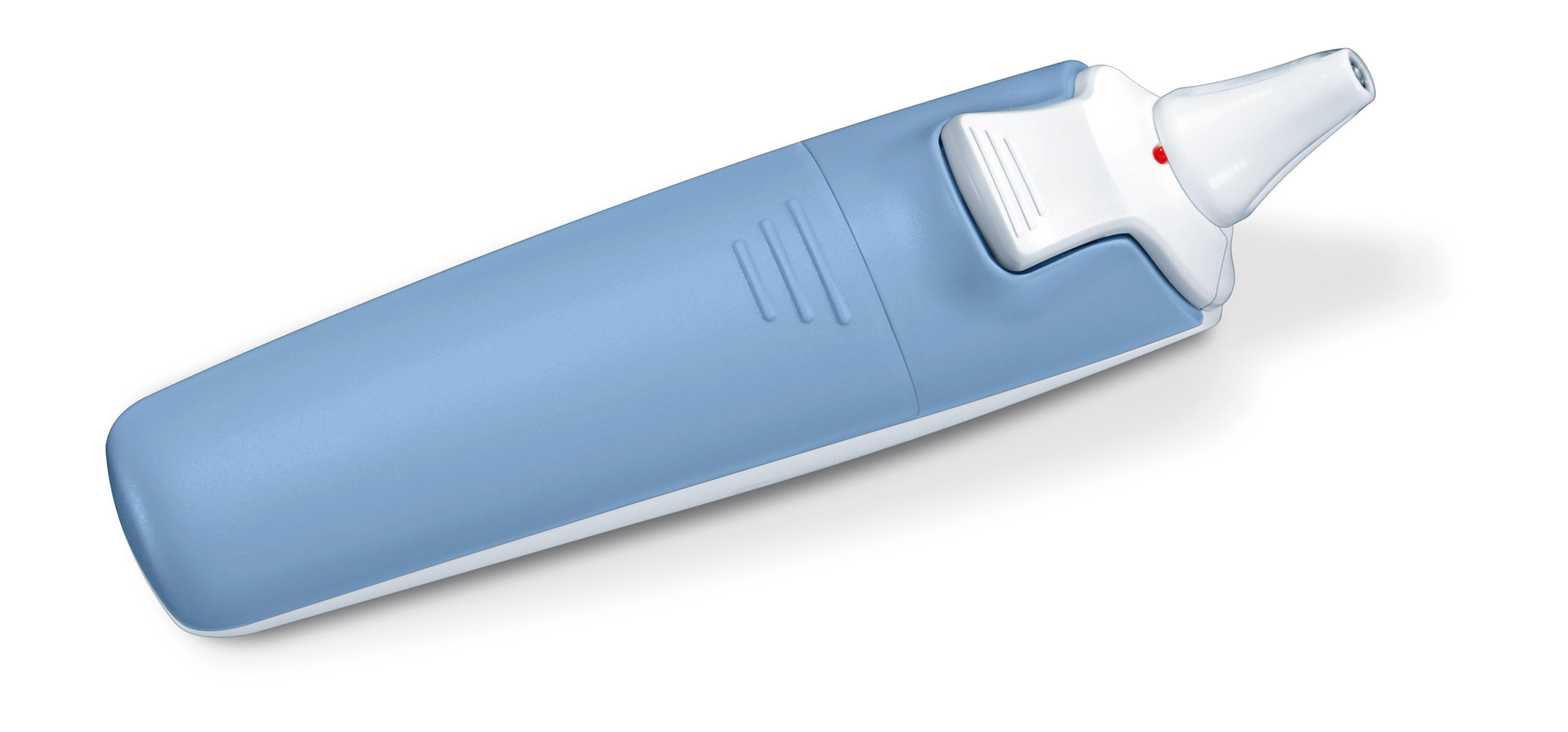 Jasnoniebieski i biały termometr do ucha. Znajduje się na białym tle.