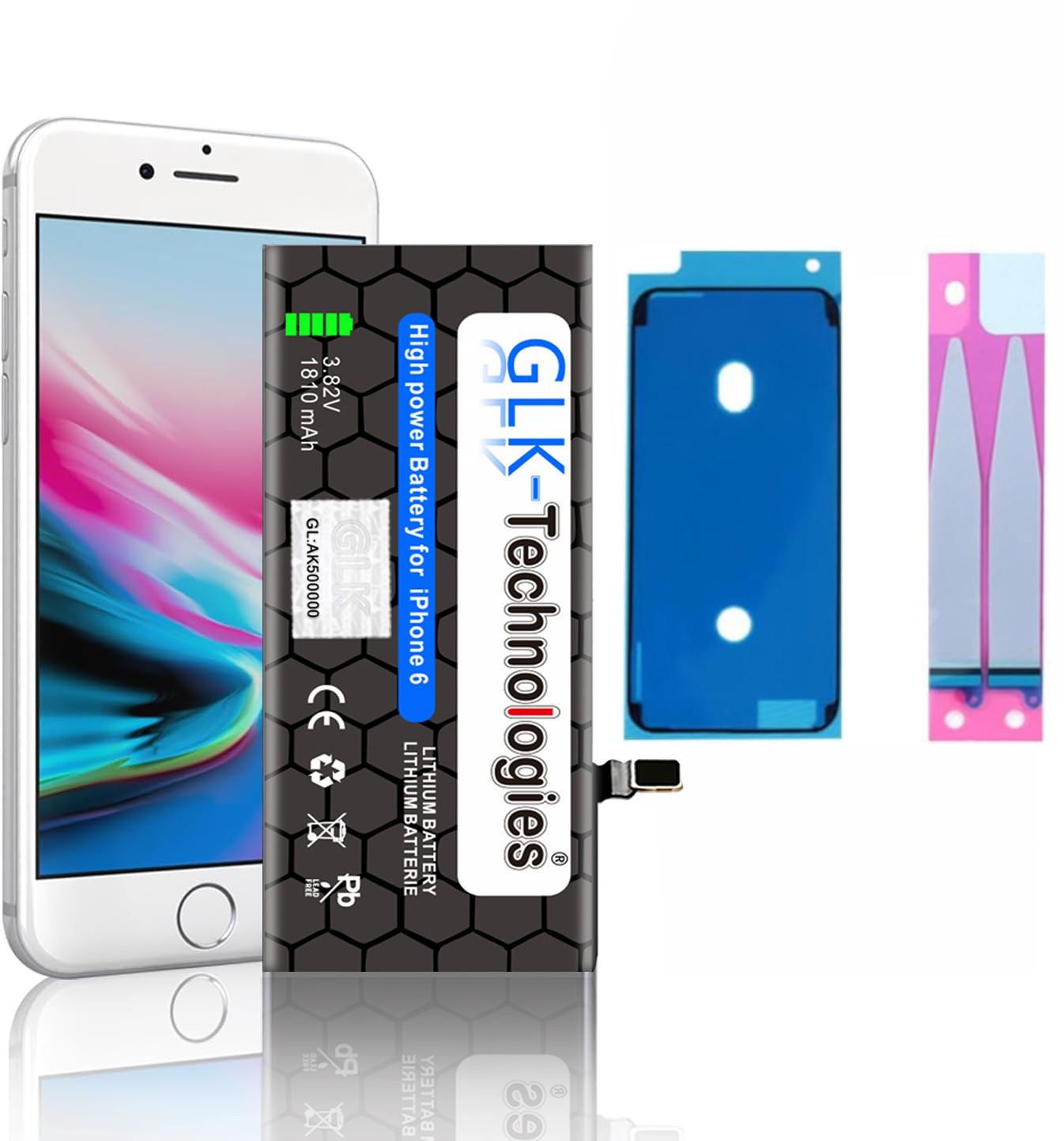 Telefonakku und Zubehör-Kit für iPhone 6. Weißer Hintergrund.