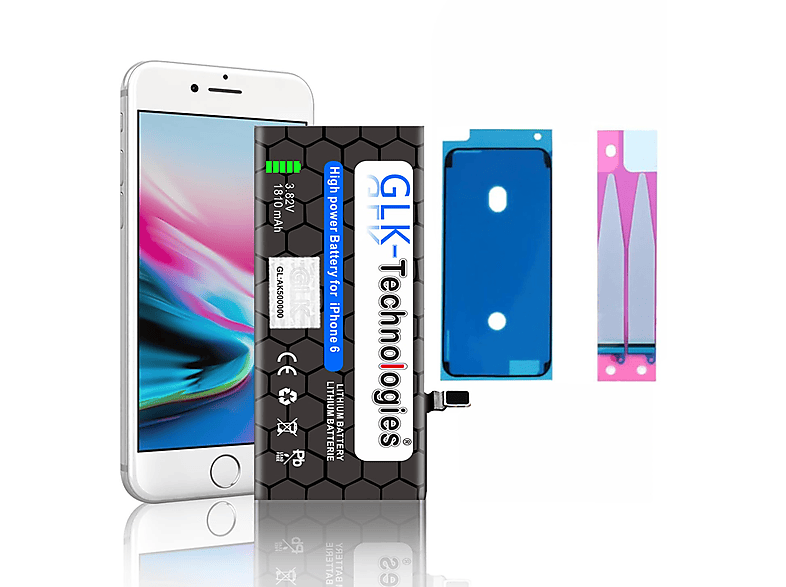 GLK-TECHNOLOGIES Apple iPhone 6 inkl. 2X Klebebandsätze Li-Ion Smartphone Ersatz Akku, Lithium-Ionen, 3.8 Volt, 1810mAh