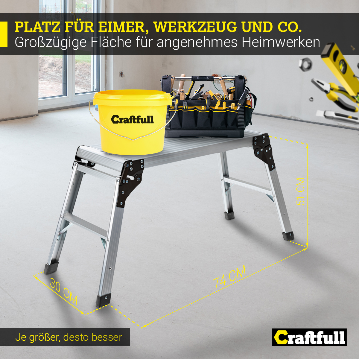 Ein gelber Eimer und Werkzeugkasten auf einer Metall-Trittleiter, mit Maßen und Text.