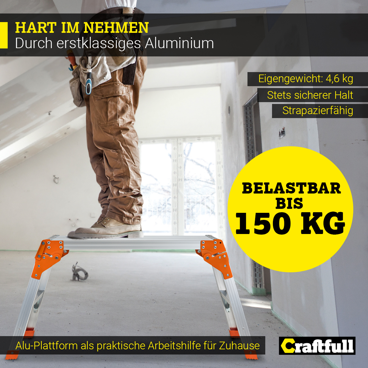 Ein Mann steht auf einer Aluminium-Plattformleiter. Text sagt, es trägt 150 KG.
