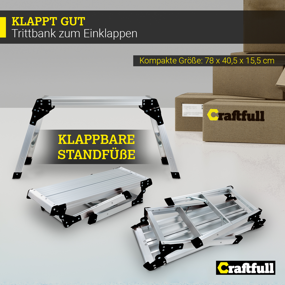 Klapptritt. Das Bild zeigt den Hocker in verschiedenen Zuständen: zusammengeklappt und offen.