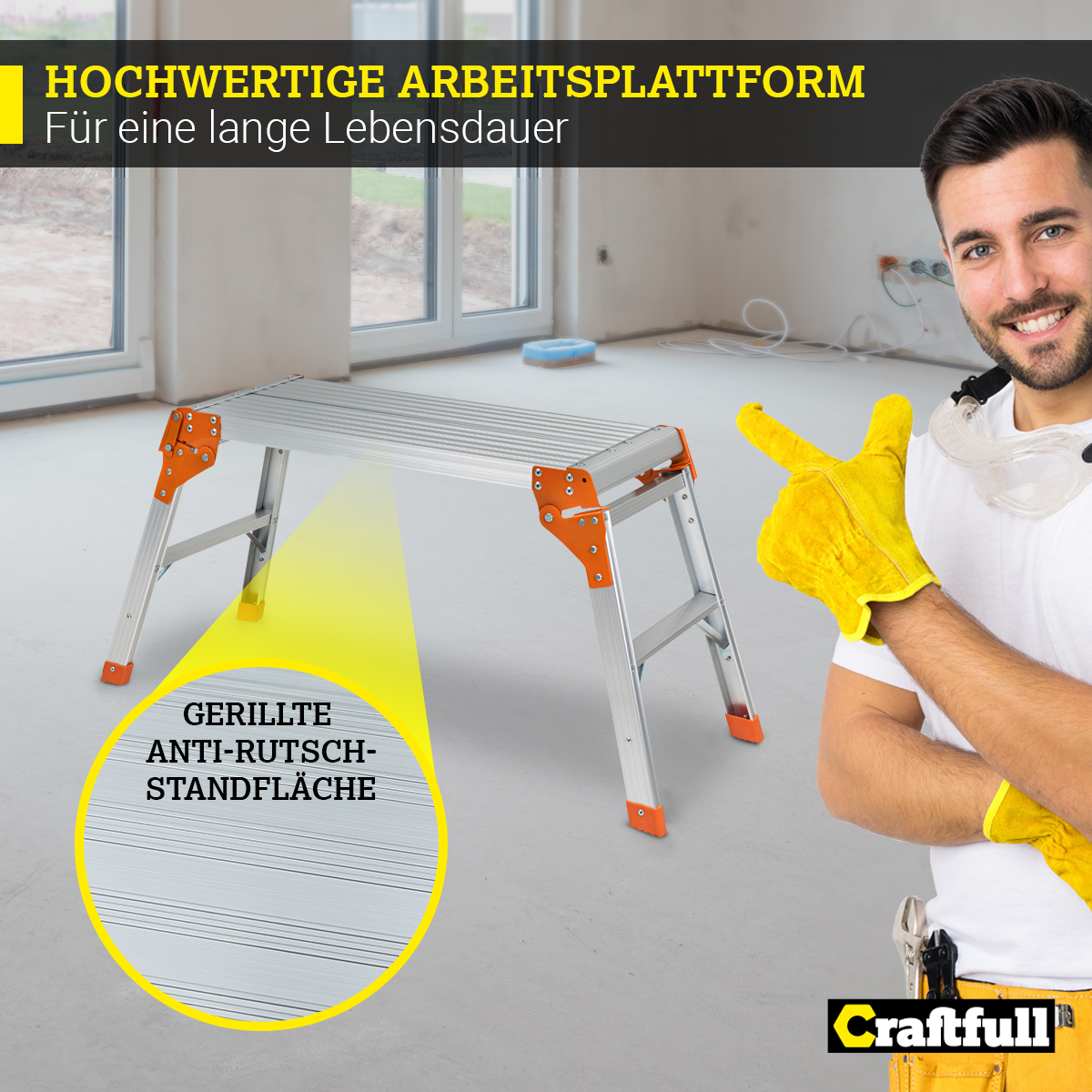 Ein Mann mit Leiter, gelben Handschuhen, zeigt auf eine rutschfeste Plattform.
