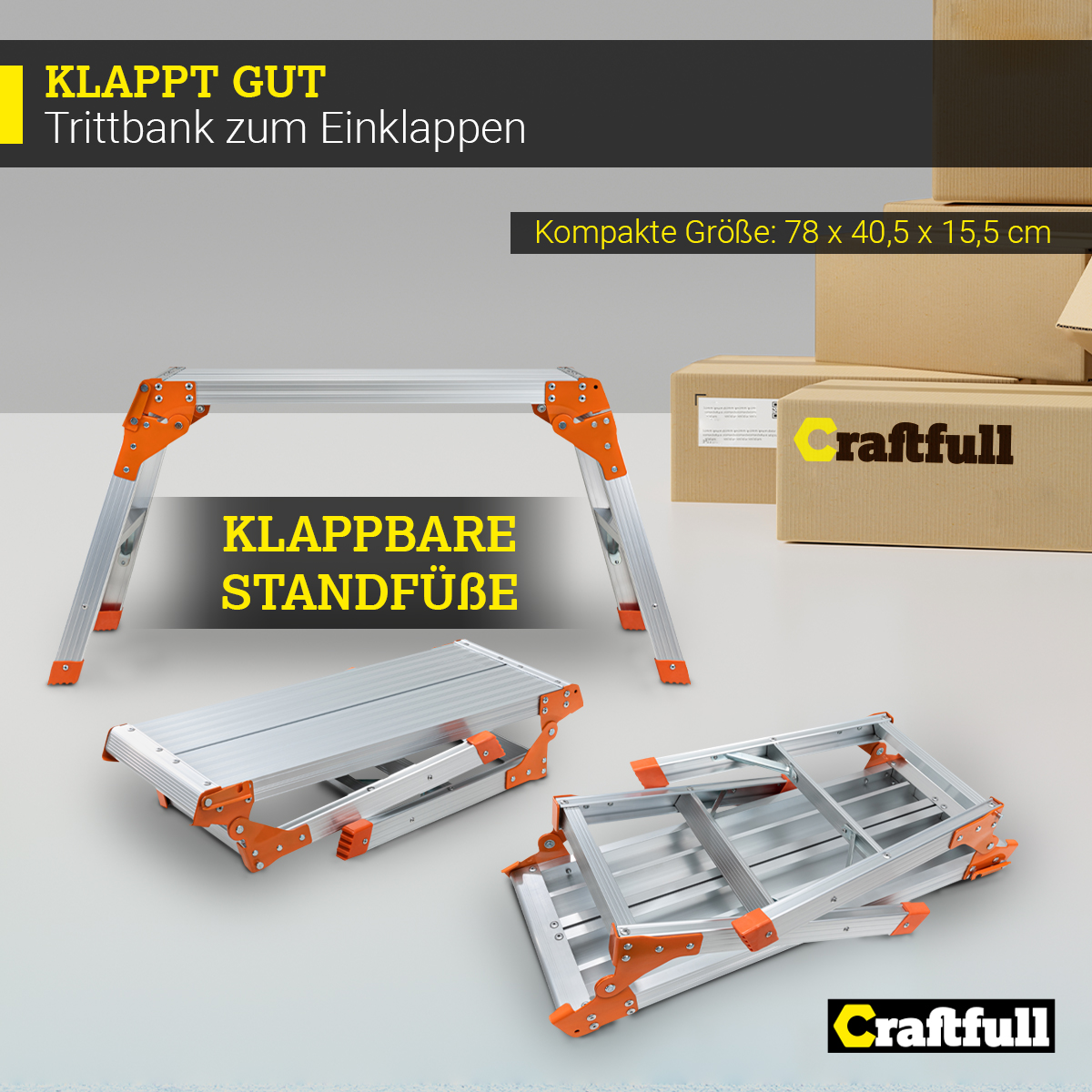 Eine klappbare Trittleiter in verschiedenen Positionen, mit deutschem Text und Produktlogos.