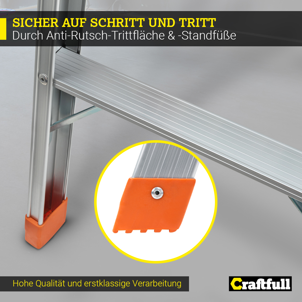Metall-Trittleiter mit orangen Füßen. Der Einsatz zeigt eine Nahaufnahme eines Fußes. Text: Sicherer Stand bei jedem Schritt.