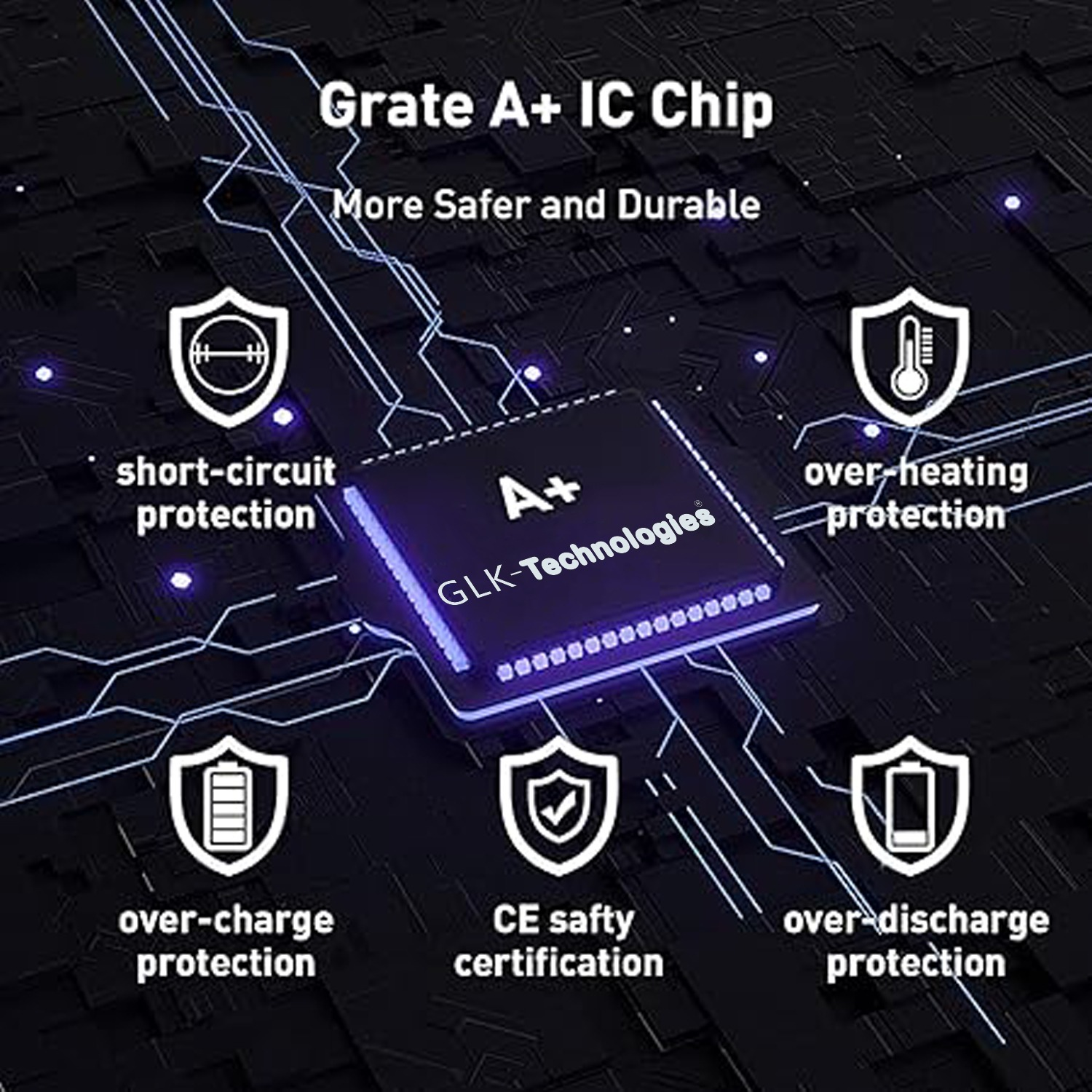 Bild eines IC-Chips mit Etiketten, die Kurzschluss-, Überladungs- und andere Schutzfunktionen anzeigen.