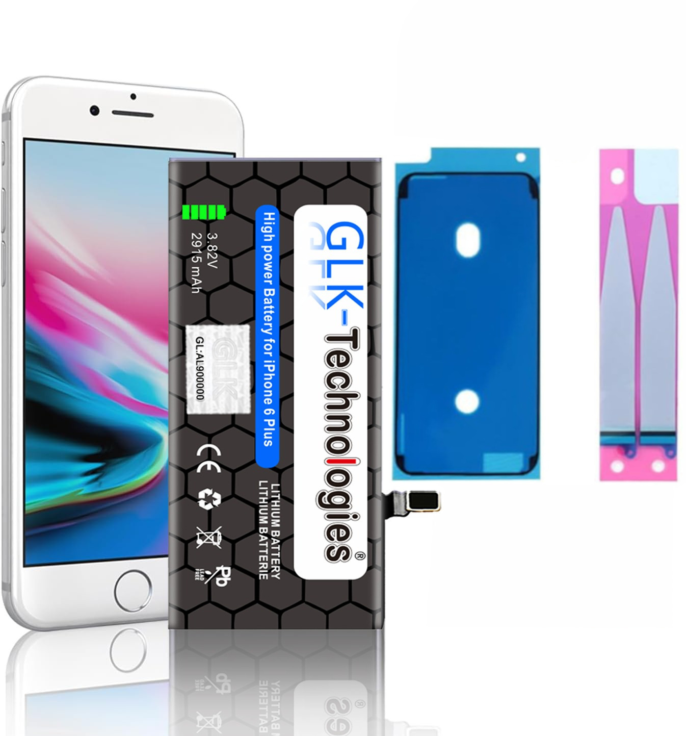 Ein weißes iPhone 6 Plus mit Akku, Aufkleber und Werkzeugen.