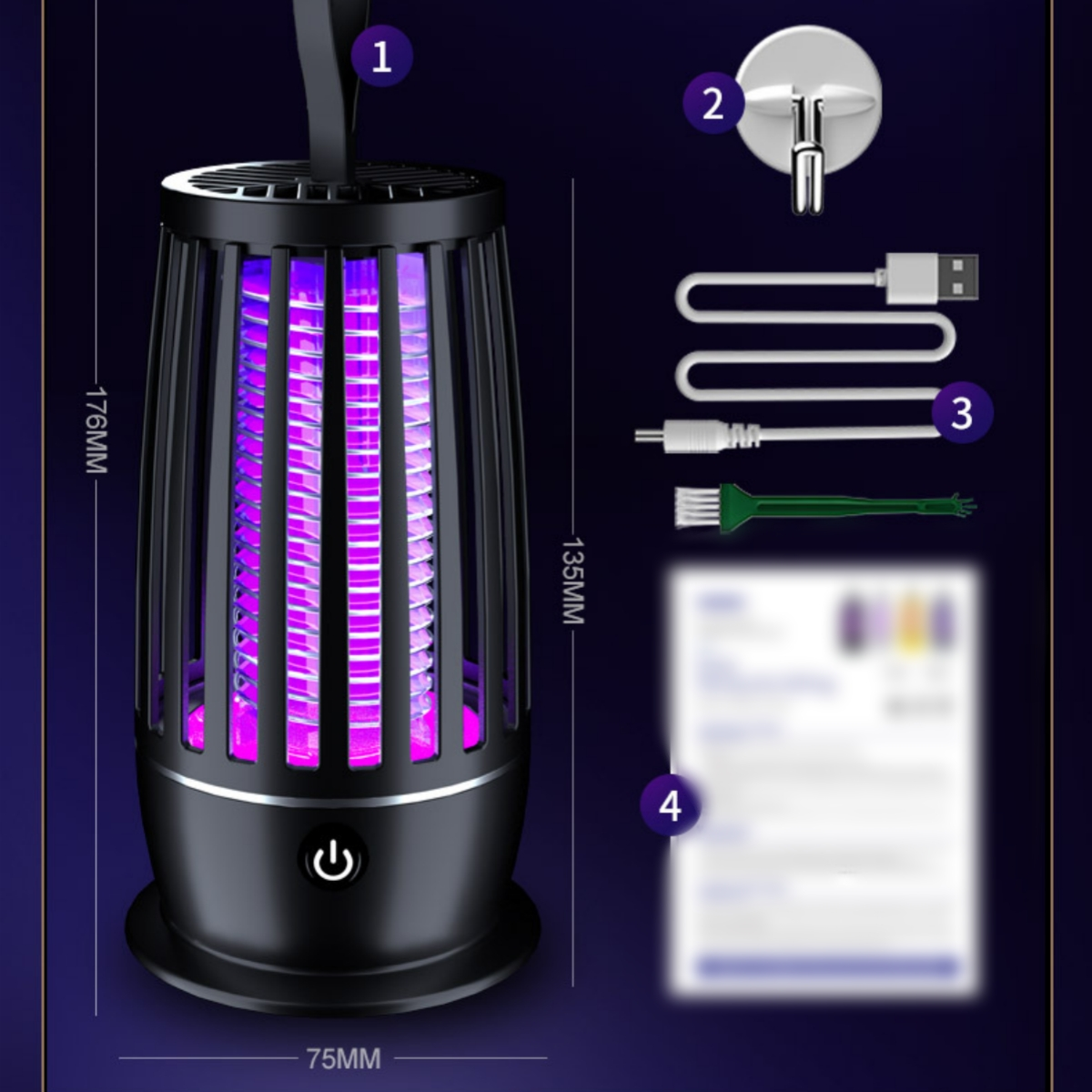 Eine schwarze Mückenvernichter-Lampe mit lila Licht und anderem Zubehör auf weißem Hintergrund.