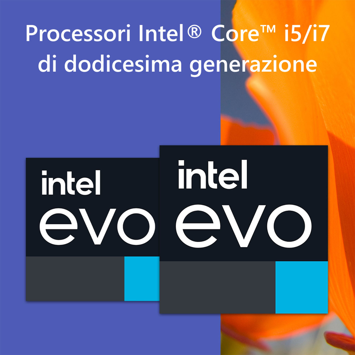 Due adesivi Intel Evo su uno sfondo floreale arancione brillante. Il testo recita 'Intel Core i5/i7'.