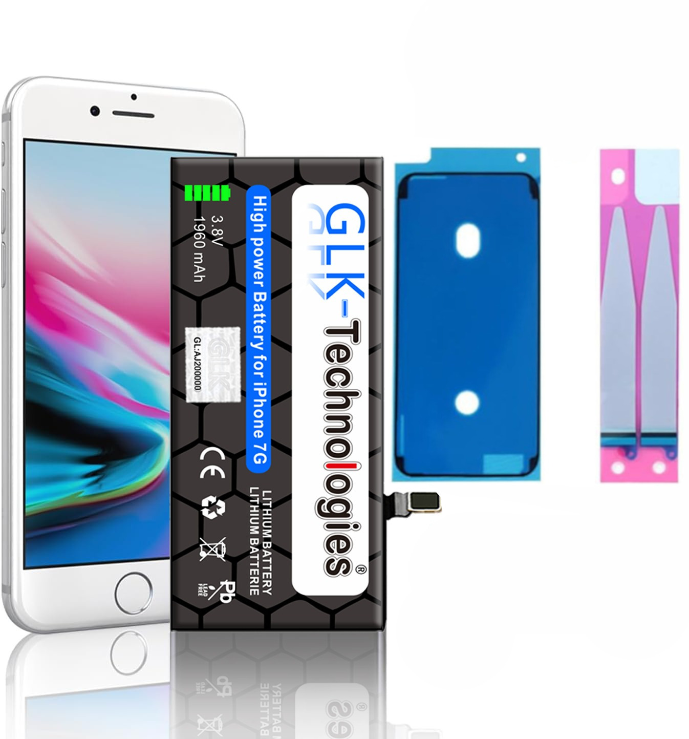 Weißes Telefon mit Akku und Aufklebern. Akku ist schwarz und goldfarben mit Text. Aufkleber sind blau und rosa.