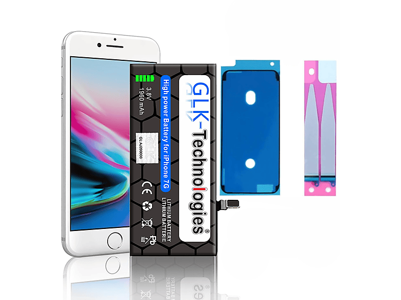 GLK-TECHNOLOGIES Apple iPhone 7  inkl. 2X Klebebandsätze Li-Ion Smartphone Ersatz Akku, Li-Polymer, 3.8 Volt, 1810mAh