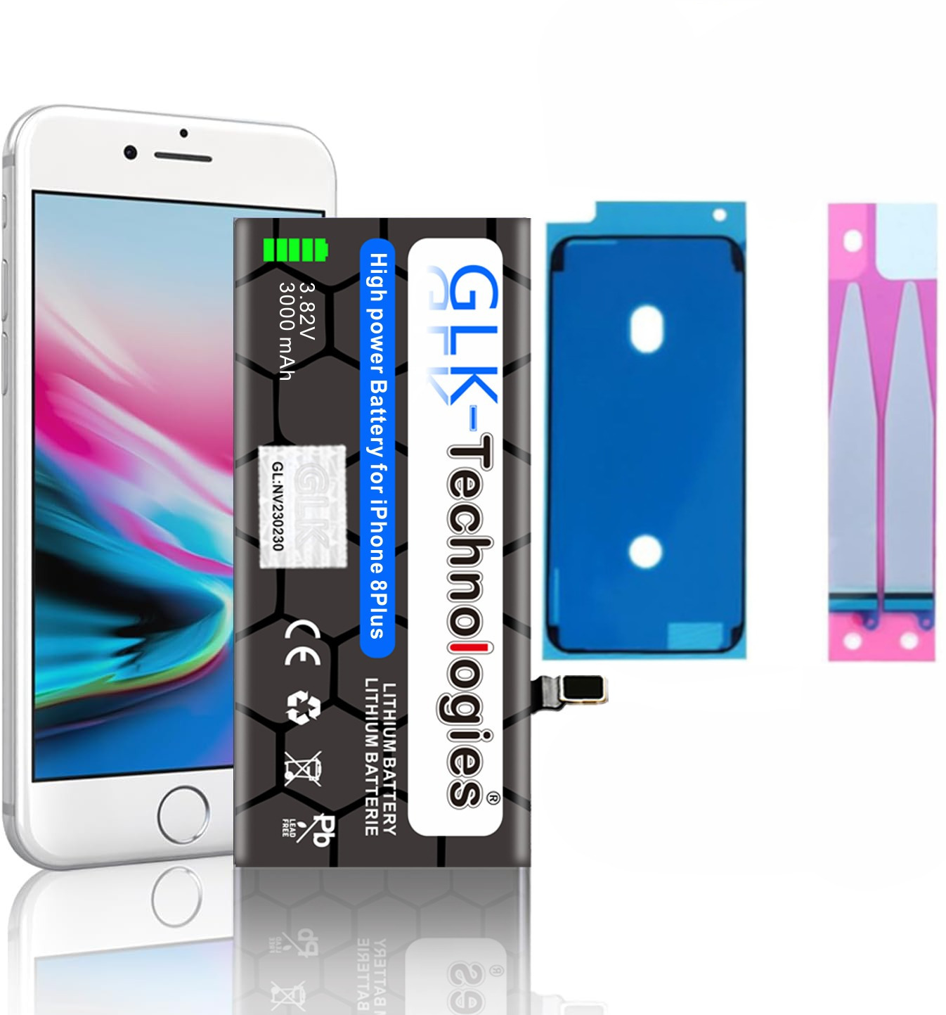 Plus Akku, Smartphone 3.8 3000mAh Li-Ion iPhone 8 inkl. GLK-TECHNOLOGIES Volt, Ersatz Klebebandsätze Lithium-Ionen, Apple 2X