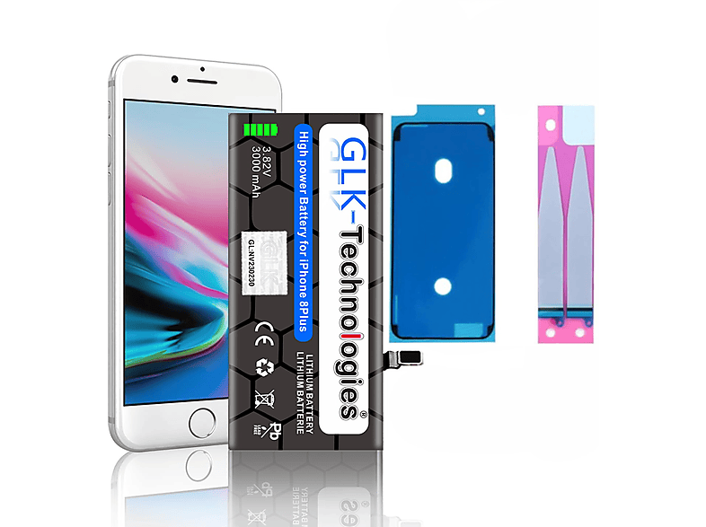 Ersatz Plus iPhone 8 inkl. Akku, Volt, Li-Ion Smartphone 3000mAh Lithium-Ionen, 3.8 Apple GLK-TECHNOLOGIES Klebebandsätze 2X