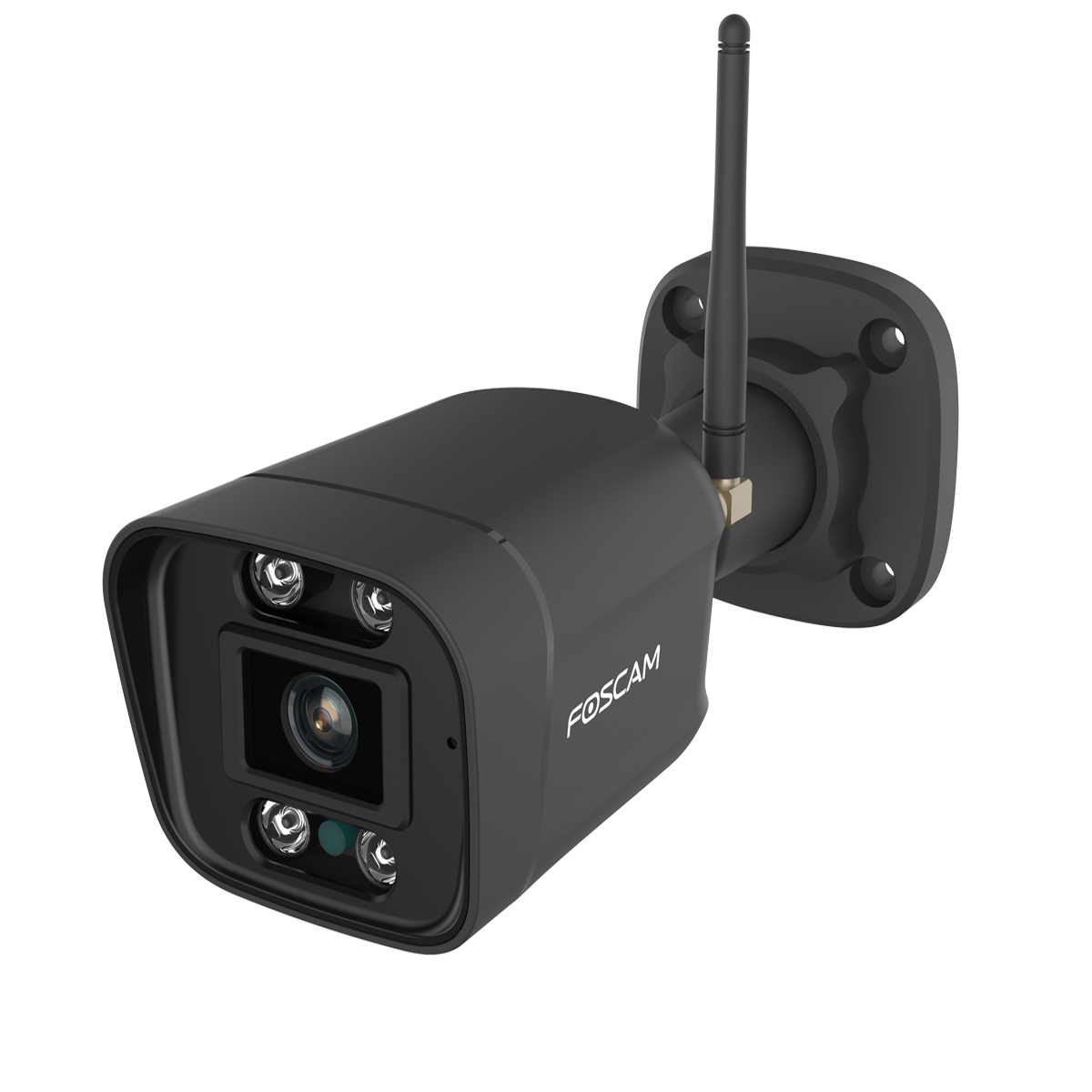 Schwarze Foscam-Überwachungskamera mit Antenne. Sie ist auf einer Oberfläche montiert.