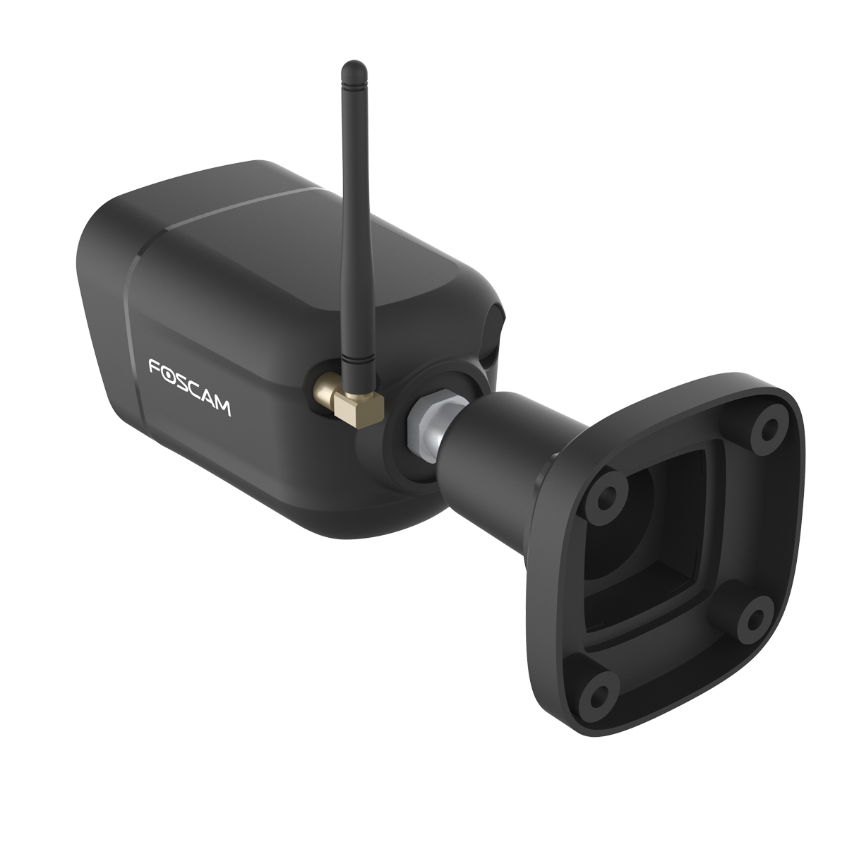 Schwarze Foscam Überwachungskamera mit Antenne. Die Kamera ist auf einem schwarzen Sockel montiert.