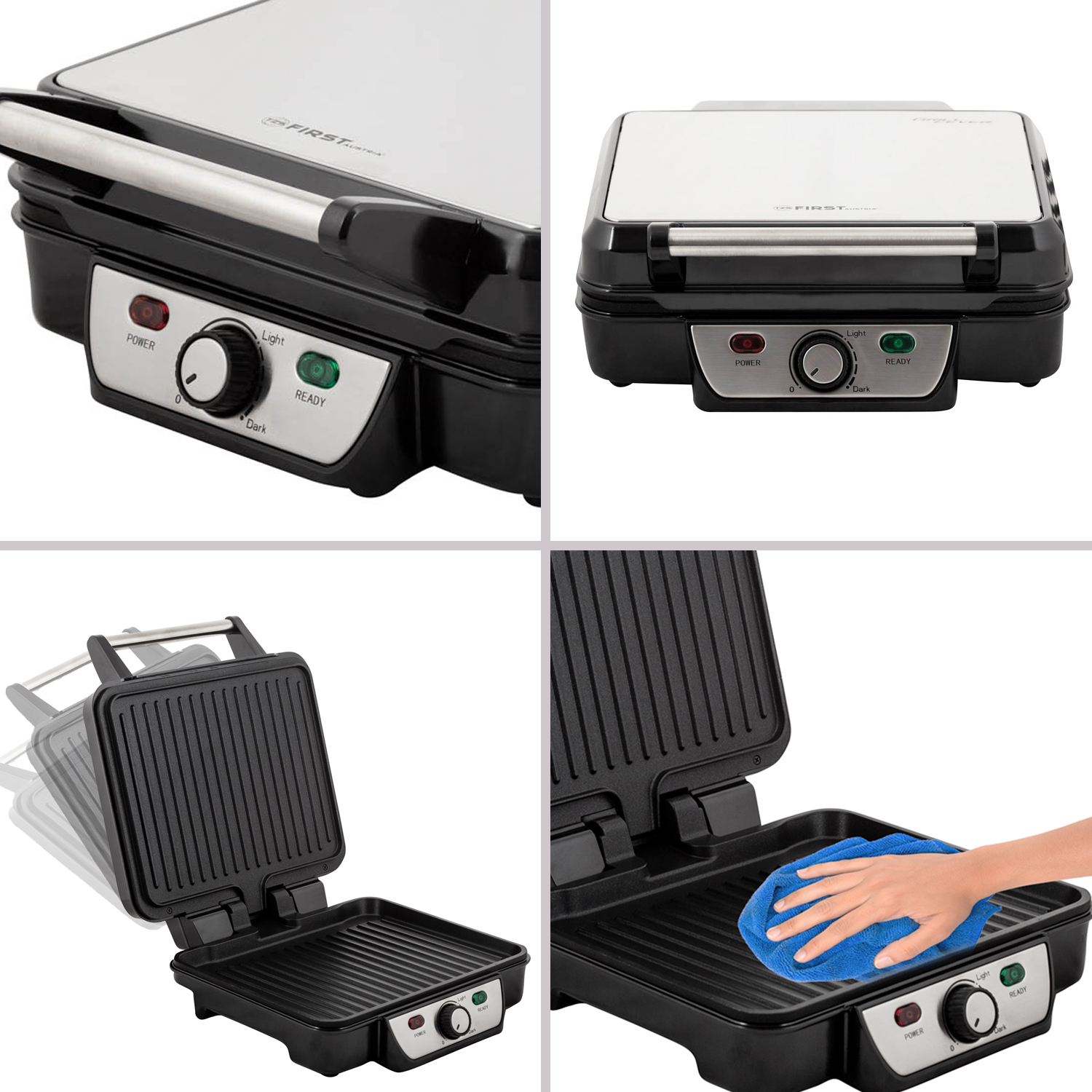 Mehrere Ansichten eines schwarzen und silbernen Grills. Es zeigt die Bedienelemente und die Oberfläche.