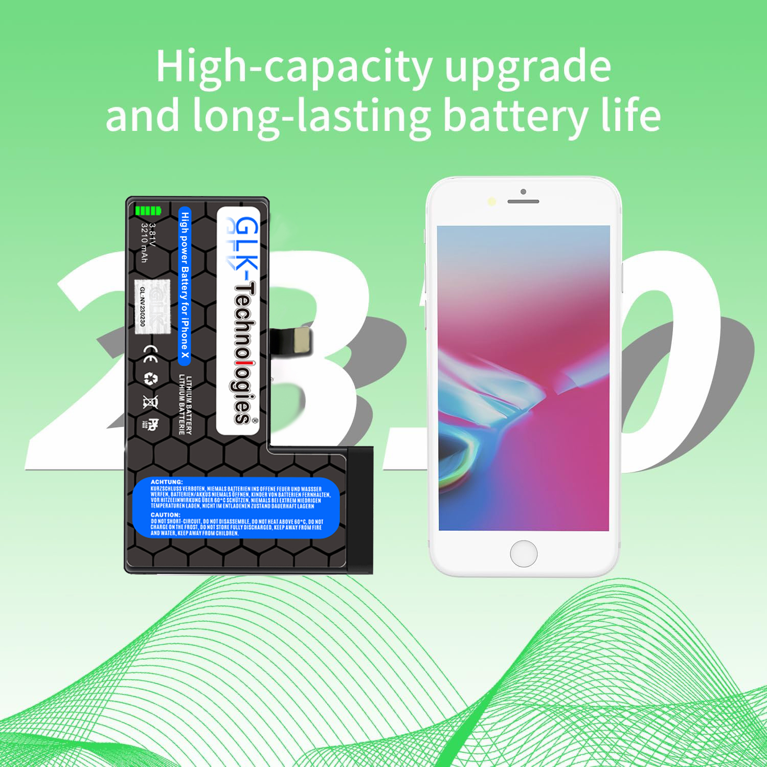 Ein Telefonakku und ein Telefon befinden sich auf einem Hintergrund mit dem Text: „Hochleistungs-Upgrade und lange Akkulaufzeit“.