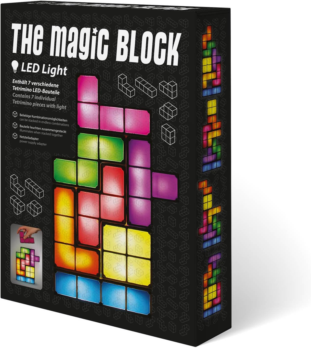 Box mit Tetris-ähnlichen Spielsteinen. Die Box hat bunte Teile auf der Vorderseite. Schwarzer Hintergrund.